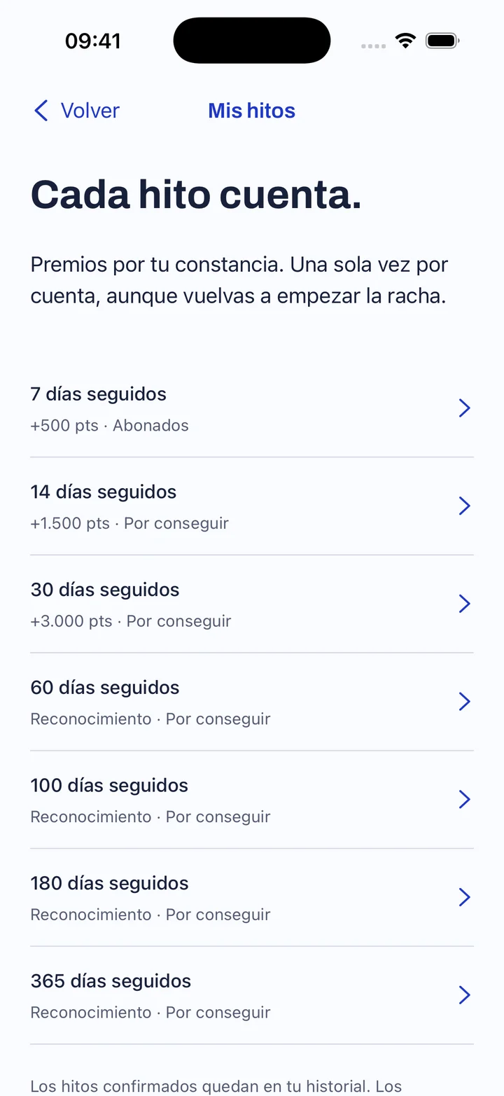 Mis hitos: recompensas de racha conseguidas y pendientes.